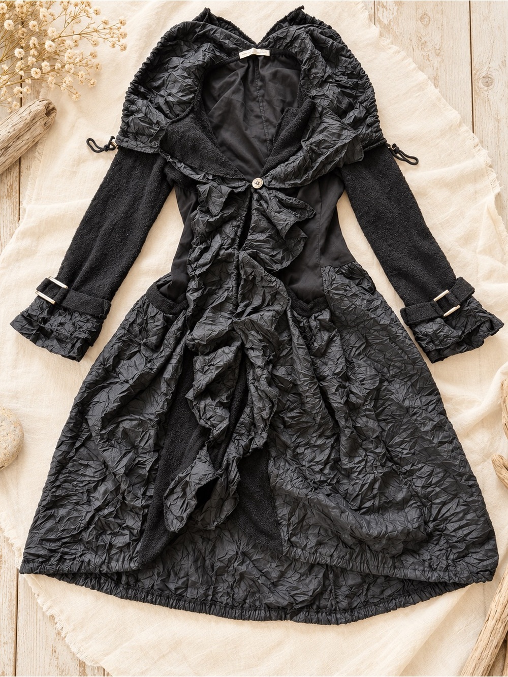 Black Ruffle-Front Long Sleeve Women's Coat